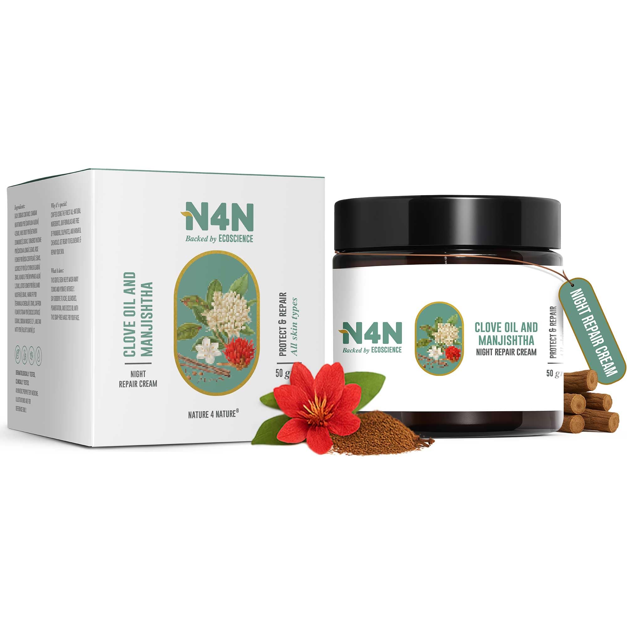 - N4N Night Cream for Women Face Moisturiser with Clove Oil & Manjistha Moisturizer for Women for Skin Brightening & Reduces Dark Spots and Protects Ageing Face Cream for All Skin Types, Dermatologically Tested, 50g