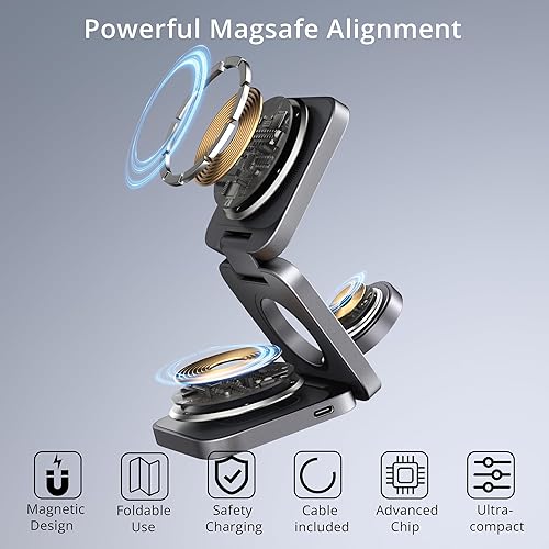 Miniatura 7 de LULULOOK Cargador inalámbrico 3 en 1, estación de carga plegable de 15 W, cargador rápido Mag-Safe para Apple 15 14 13 12, 5 W para Apple Watch,