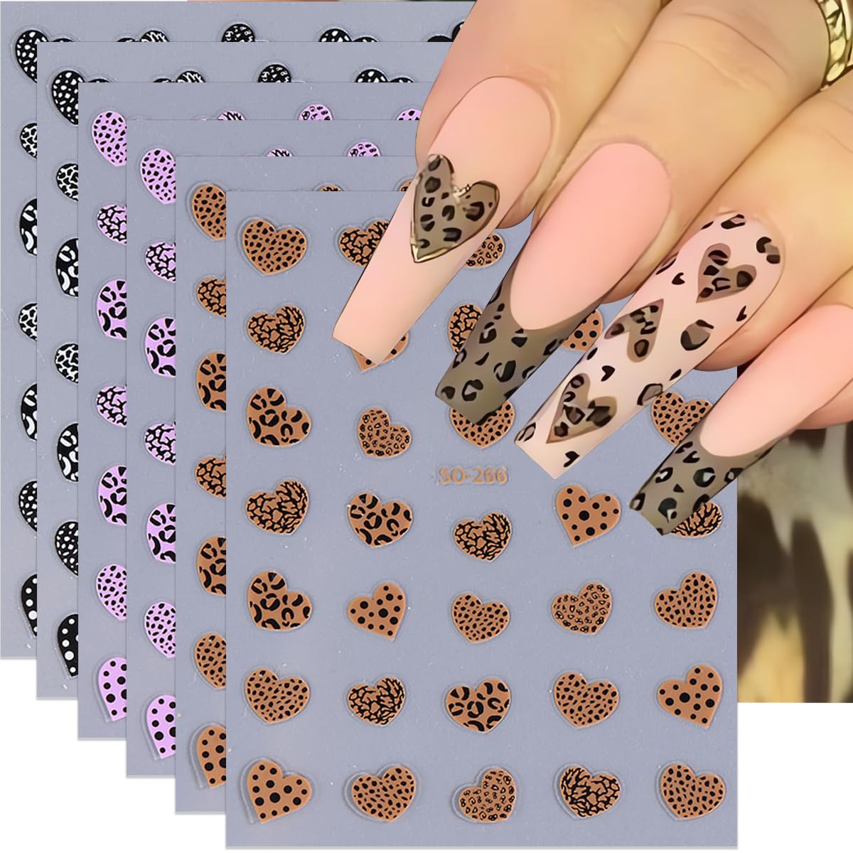 Valentine's Day Leopard Print Heart Nail Art Decal 6PCS 3D Self-Adhesive Stickers - Brown, Black, Purple