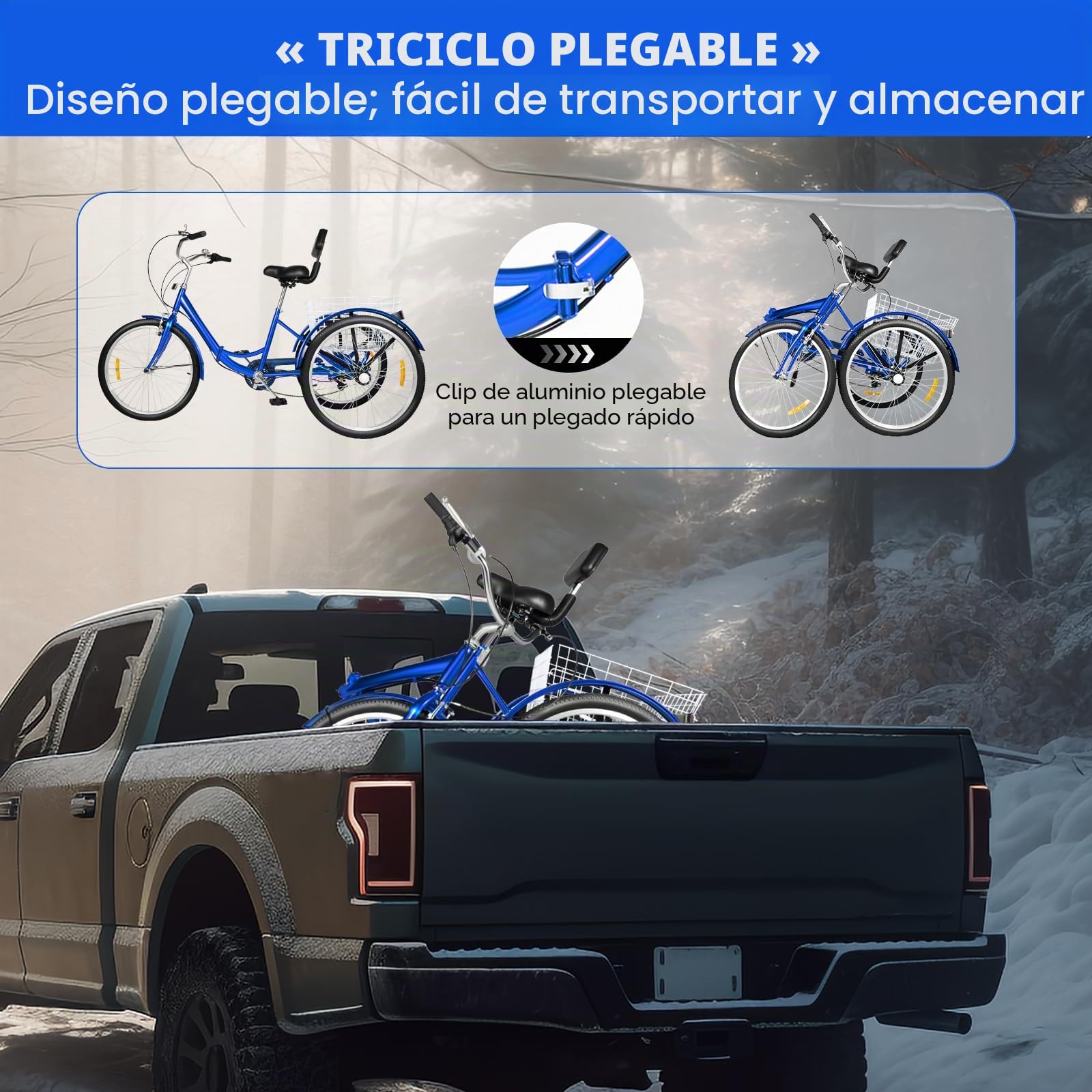 Triciclo de bicicleta plegable de 24 pulgadas, triciclo para adultos, bicicleta de 3 ruedas con cesta de la compra, para adultos, personas mayores, mujeres, hombres