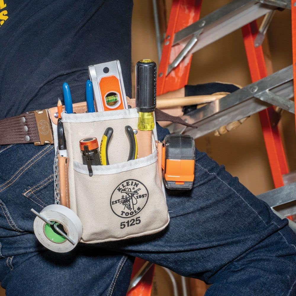 Klein Tools 5125 Canvas and Leather 5-Pocket Tool Pouch with Chain Tape Thong and Tunnel Belt Connection