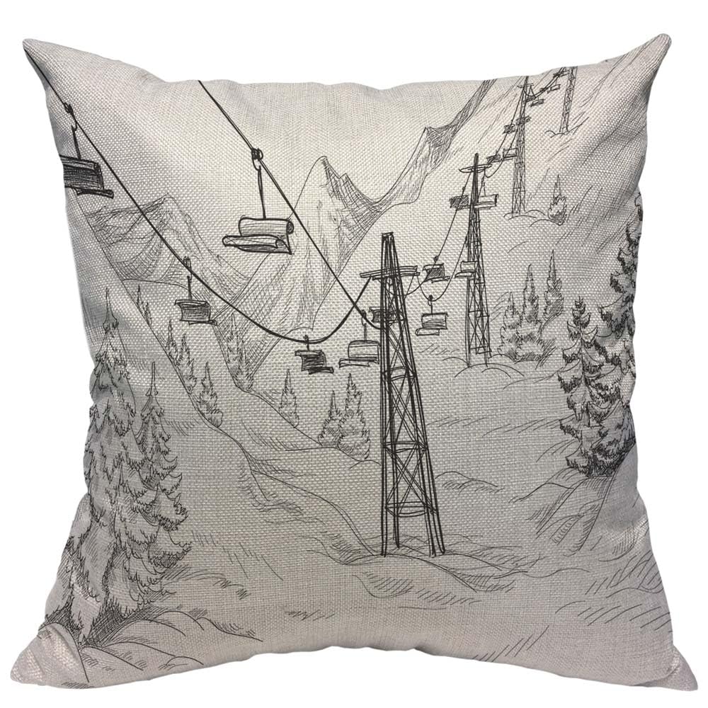 TKS MITLAN Mountain Ski Lift Pillow Cover 18x18 inch Sketch White Wintertime Snow Landscape Resort Rustic Linen Throw Pillow Covers 18x18 Inch for