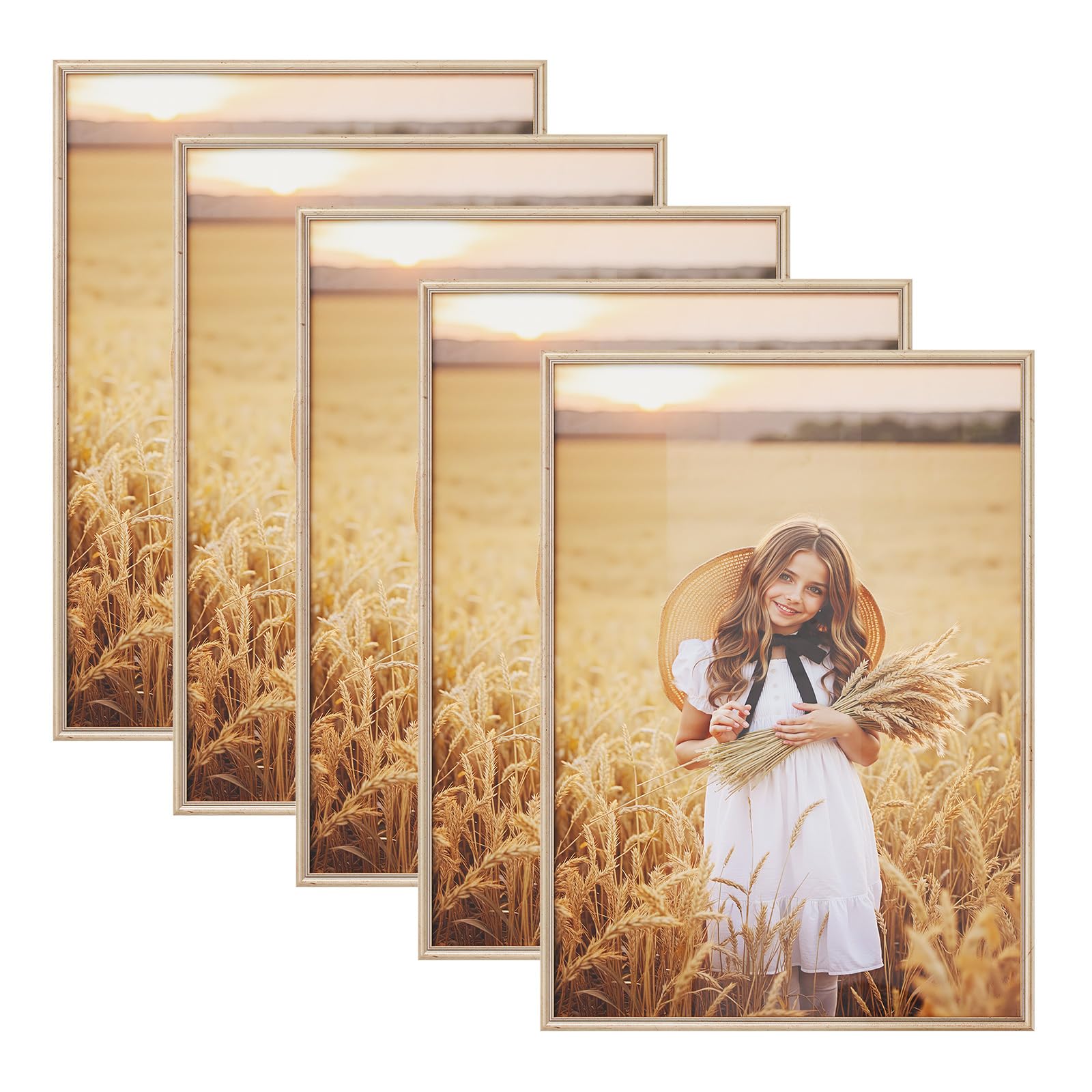 Cadre photo 50x70 cm bois massif doré avec passe-partout mural