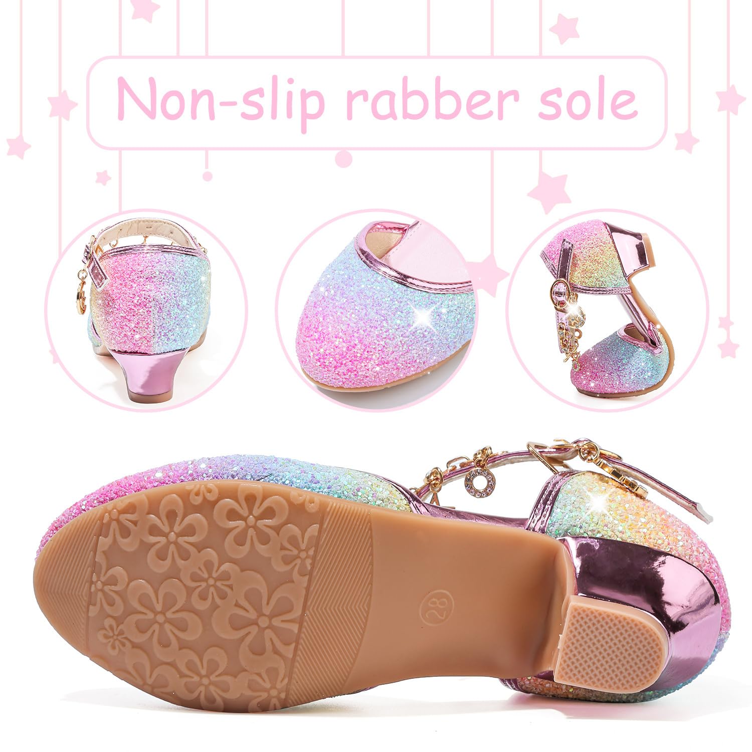 Chaussure Princesse Fille Paillettes Déguisement Talon Haut Cosplay Mariage Noël Anniversaire Cérémonie Fête Danseuses Ballerines Sandale Crystal Bling - 5