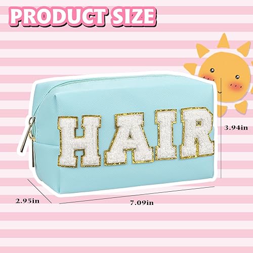 Miniatura 2 de Bolsa de maquillaje de parche de piel sintética, portátil, impermeable, para cosméticos, uso diario, para mujeres y niñas, Pelo azul., Parche Preppy