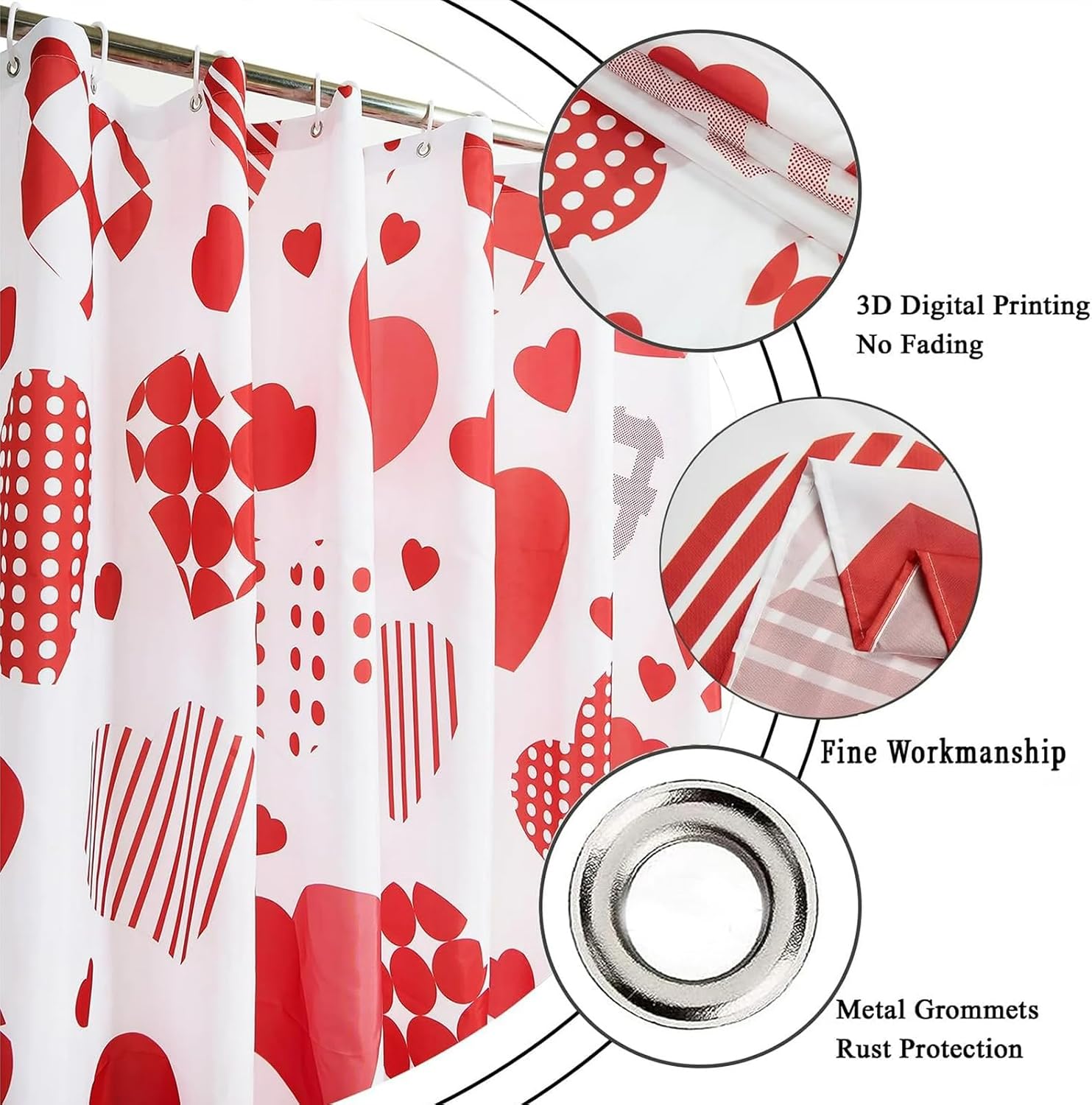Valentines Day Shower Curtain Pink Red Sweet Love Heart Romantic Girly Bathroom Curtain Waterproof Polyester Fabric Bath Curtain 72 x 72 Inch with 12 Hooks