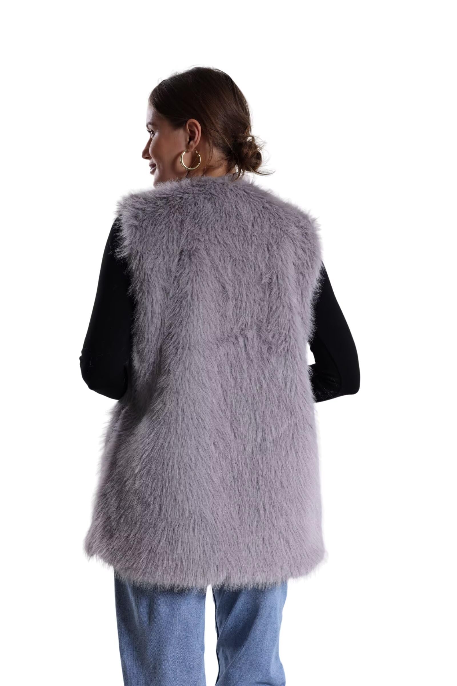 Chaleco de piel sintética de conejo para mujer, abrigo de invierno con cuello en V, sin mangas, mullido, cálido, chaleco de piel sintética con bolsillos