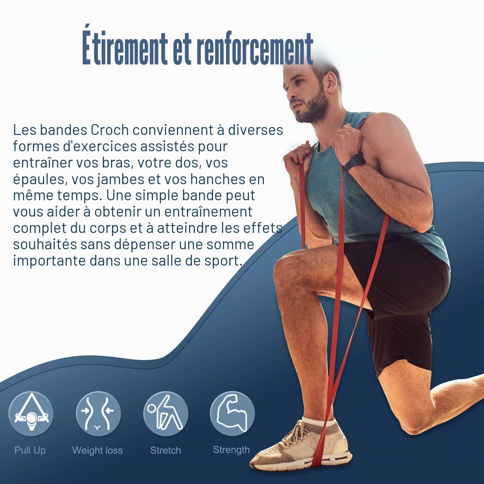 Bandes de résistance en latex naturel comme résistance et soutien pour aide à la traction avec guide d'exercice, musculation et renforcement musculaire