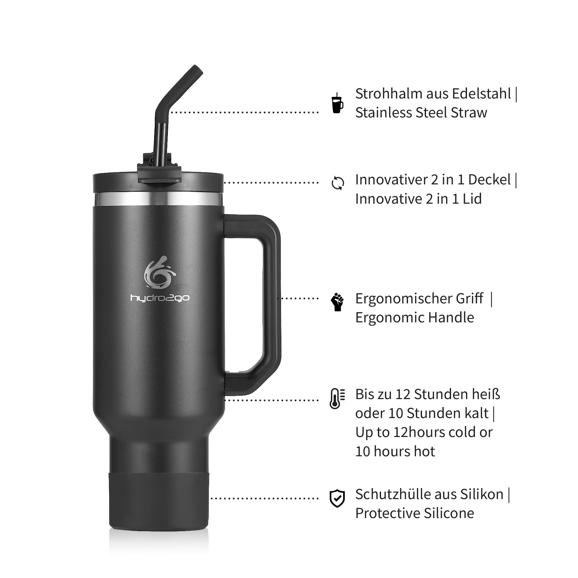 Thermobecher 1180ml mit Namensgravur – Personalisierter 40oz Edelstahlbecher mit Henkel, Deckel & Strohhalm – Hält 10h heiß & 12h kalt, BPA-frei, auslaufsicher (Black + Gravur)