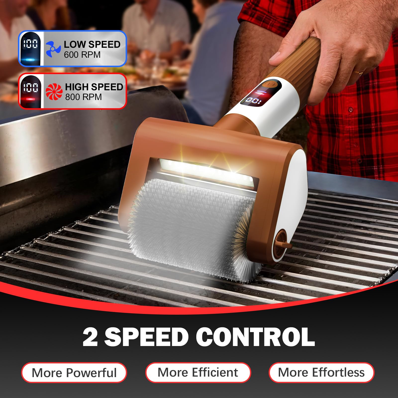 Spazzola elettrica per grill, spazzola per barbecue a 2 velocità con luce LED/schermo pulizia potente 800 giri/min, 4000 mAh/2 testine senza setole spargimento ricaricabile leggero detergente