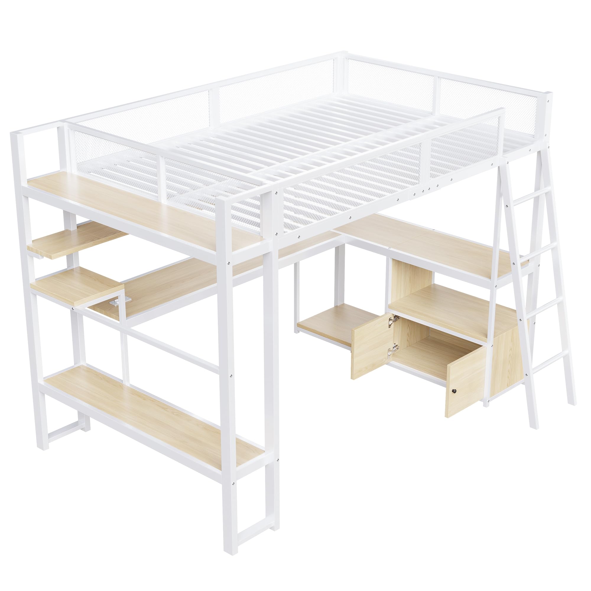 Letto a soppalco Gaming 140x200cm con spazio di lavoro integrato ,metallo letto a castello matrimoniale con illuminazione a LED e spazio di archiviazione,struttura letto140x200 per ado/ragazzi,Bianco