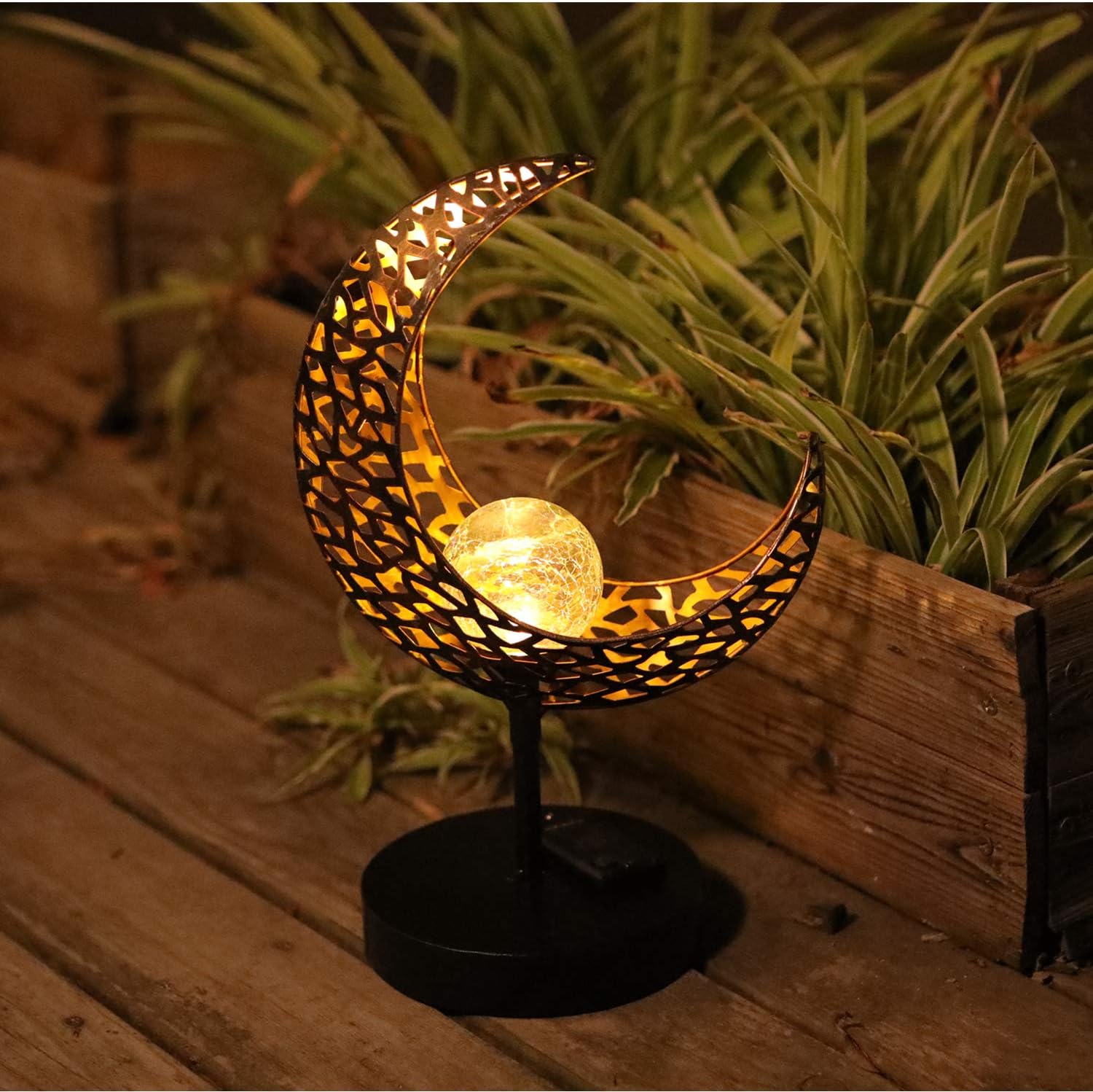 HDNICEZM Garden Solar Table Lights Outdoor Moon Shape Crackle Glass Globe Vintage Metal Lights,Waterproof Warm White LED for Lawn,Patio or Courtyard (Bronze) - - 