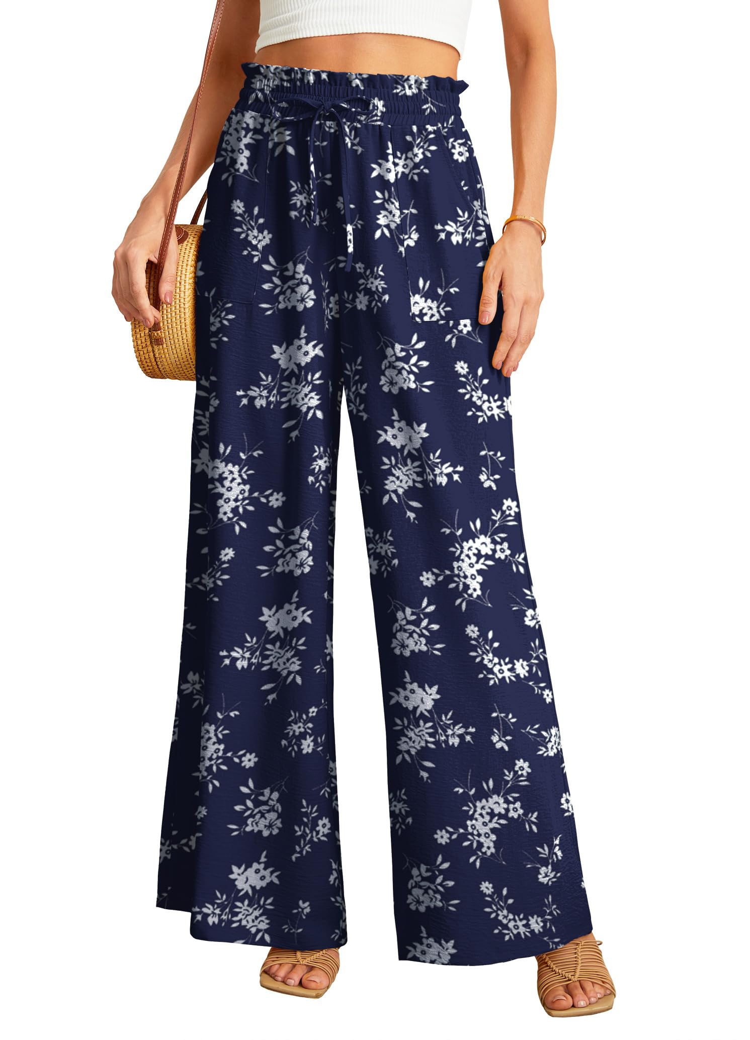 JINKESI Women Wide Leg Pants High Waist Loose Flowy Adjustable Tie Knot Trousers Business Casual Pants with Pockets