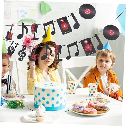Miniatura 6 de 2 juegos de guirnaldas retro de rock y pancarta con notas musicales negras y decoraciones colgantes de registros, decoración de fiesta de cartulina