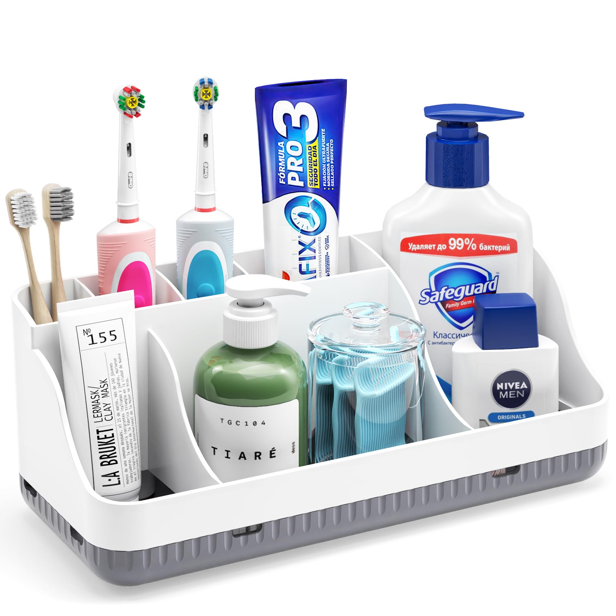 Bathroom Counter Organizer and Storage 7 Slots Detachable Toothbrush Holders for Bathrooms Anti-Slip Electric Toothbrush and Toothpaste Holder