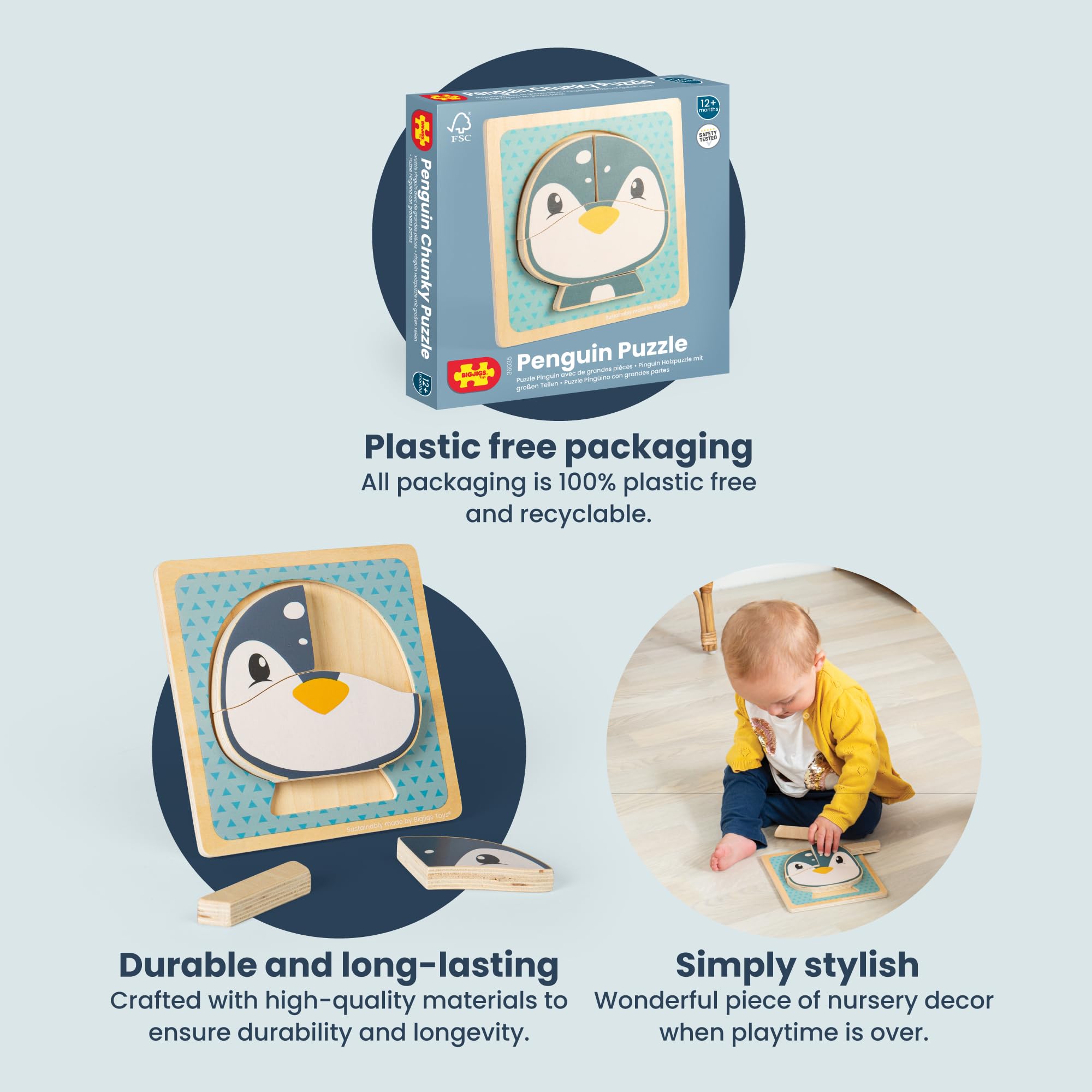 Bigjigs Toys Penguin Chunky Puzzle, 4 Piece Wooden Animal Jigsaw with Tray, Fun Educational Shape Puzzles - Image 4