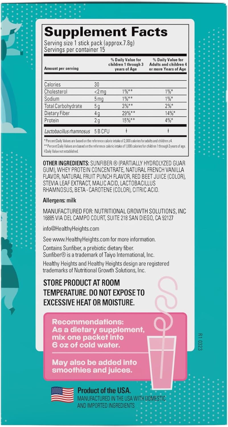 Healthy Heights Happy Tummies Prebiotic Fiber and Probiotic Supplement for Kids Ages 2+, Sugar Free, Fruit Punch Flavor, 15 Servings - Image 2
