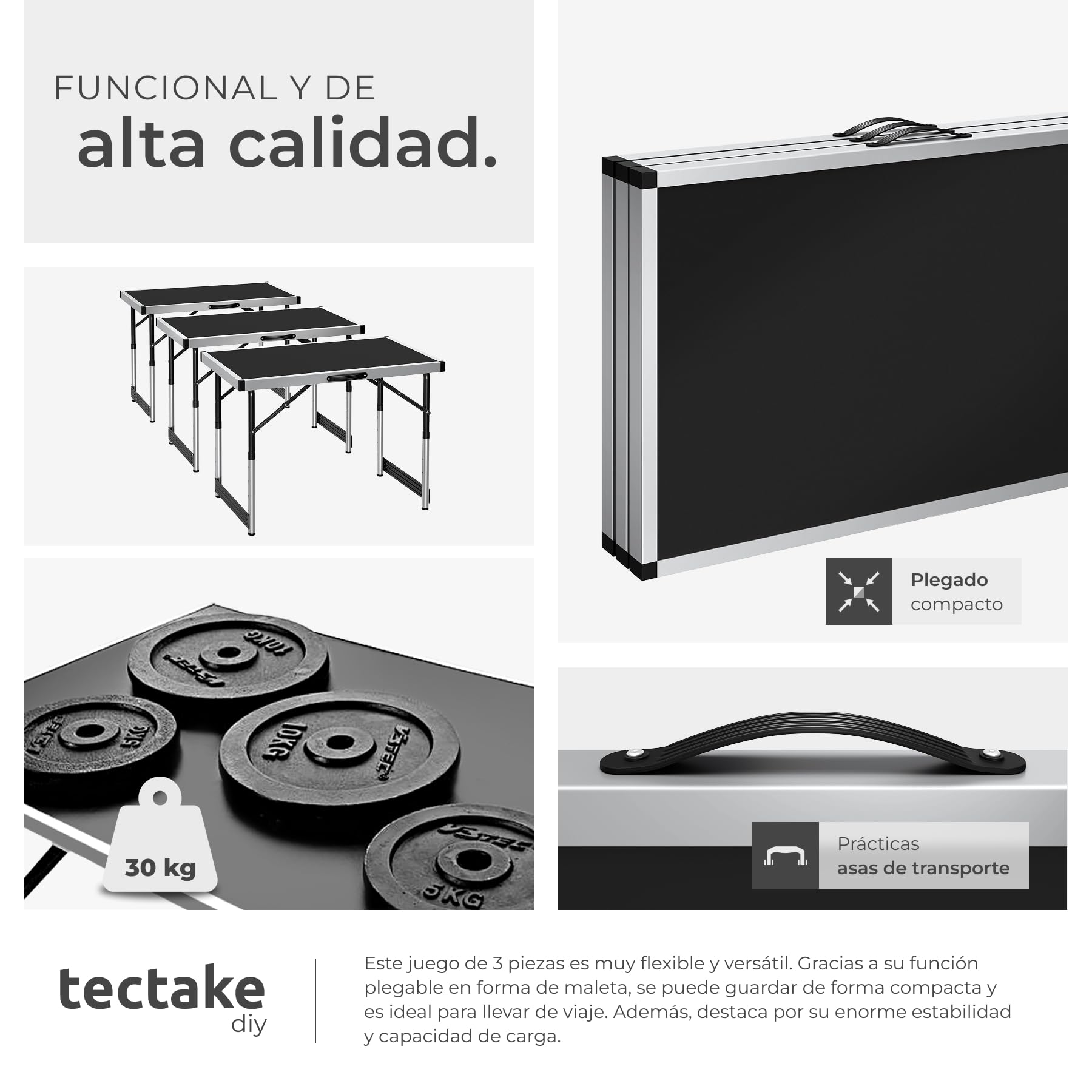 tectake® Set de 3 Mesas Auxiliares Ajustables en Altura a 4 Niveles, Mesas Camping Plegables, Mesas de Trabajo, Picnic, Fiestas, Bricolaje, 100x60, Multiusos, Fácil Montaje, Tableros en MDF - Negro
