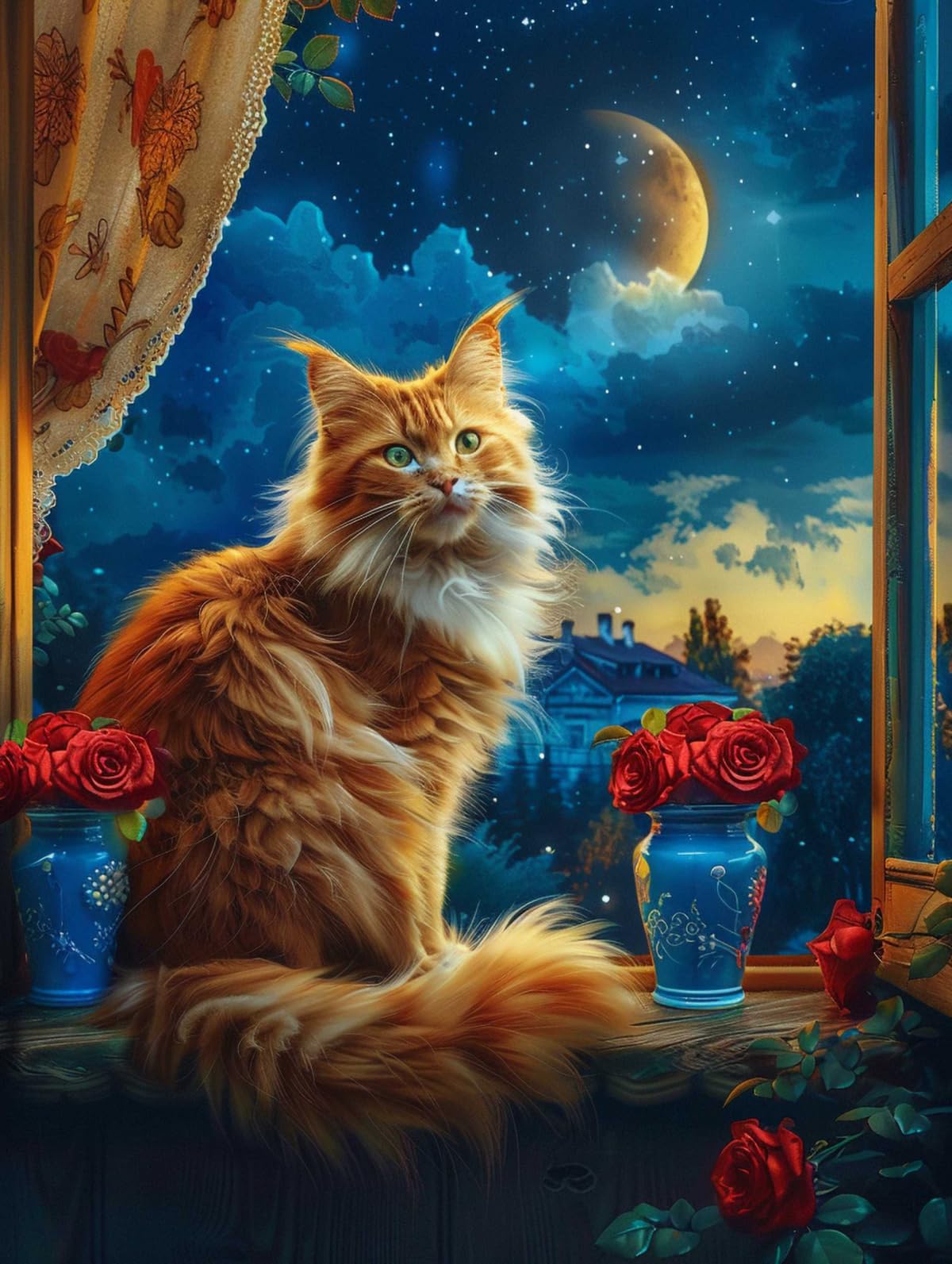 DIY Kit De Bordado Con Cuentas Flores Y Gatos Junto A La Ventana. Kit De Bordado Con Cuentas Para Adultos,Set De Tapiz Con Bordado A Mano,Kits De Bordado Con Cuentas De Semillas Para Hacer 40x50cm