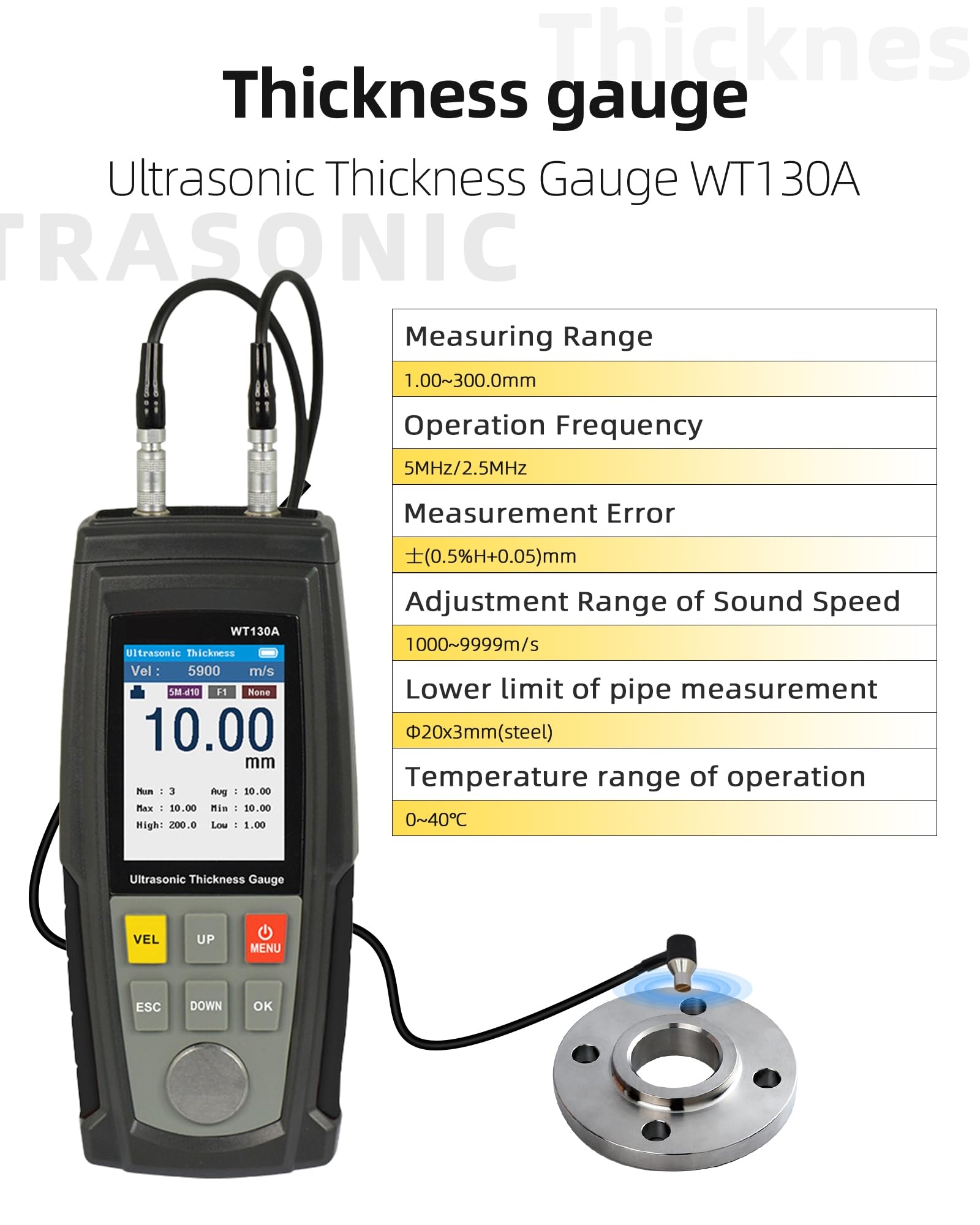 Misuratore di spessore ultrasonico WT130A per ghisa | Misuratore di spessore a ultrasuoni, 1,2-300 mm, 2,5P, con sonda speciale in ghisa per navi, binari ferroviari