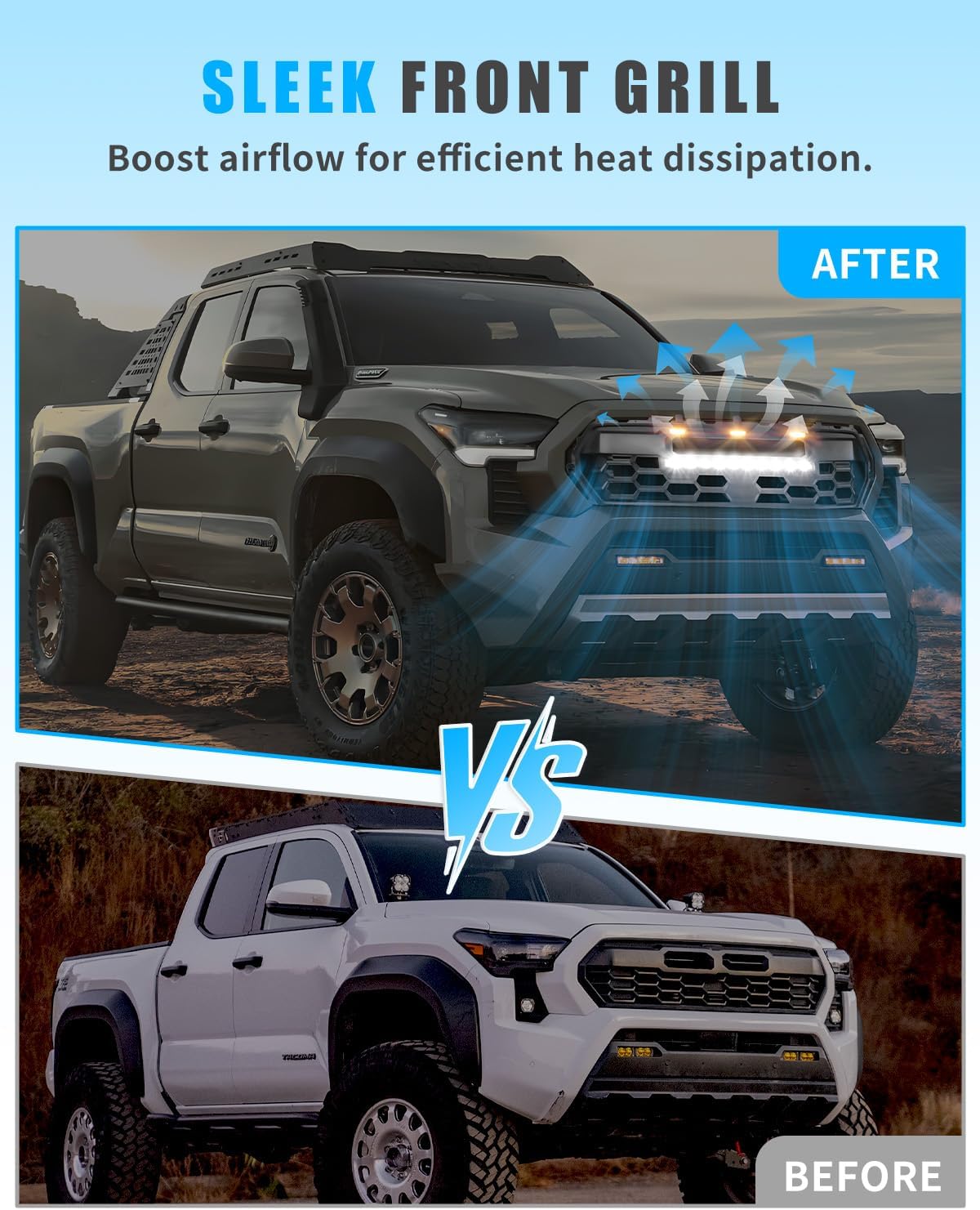 Matte Black ABS Mesh Hollow Front Grille for Tacoma 2024-2025, [TRD Style] with White LED Light Bar & 3 Amber Accent Grille Lights, Easy to Install 2024 Tacoma Grille Front Hollow Bumper Grill
