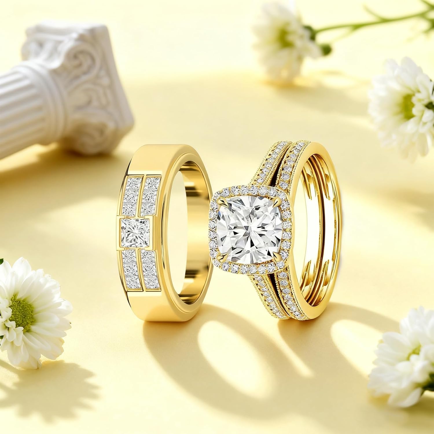 Matching Couple Ring Set for Her and Him 925 Silver 10K 14K 18K Real Gold Matching Wedding Bands Ring Couple Engagement Rings Set 1-3ct Moissanite Men and Women Bridal Rings Sets Free Engraving 3pcs
