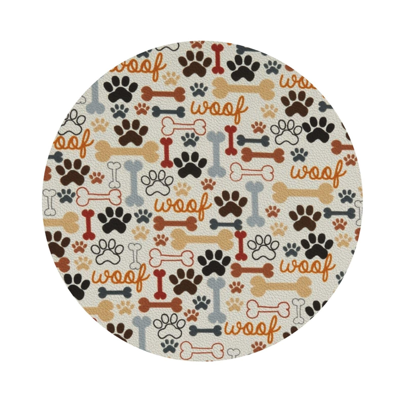 Dog Bones Paw Prints PU Leather Coasters Set of 6 Round Drink Coasters