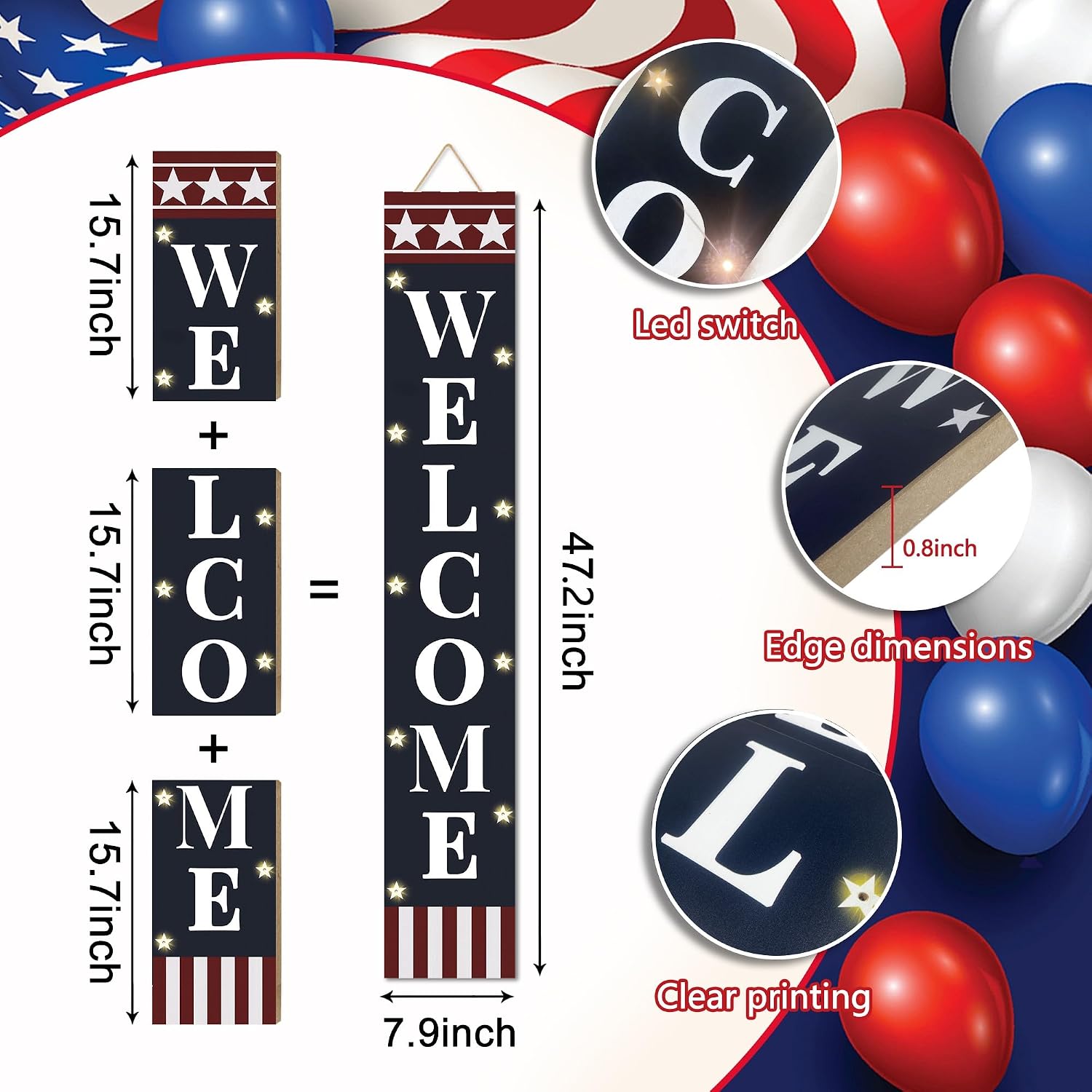 Lighted Independence Day Porch Sign for Front Porch Standing, Welcome Wooden Sign for 4th of July Party Decor Front Door Decoration Farmhouse Patriotic Hanging Wall Sign for Memorial Day Party Decor 47.2 IN