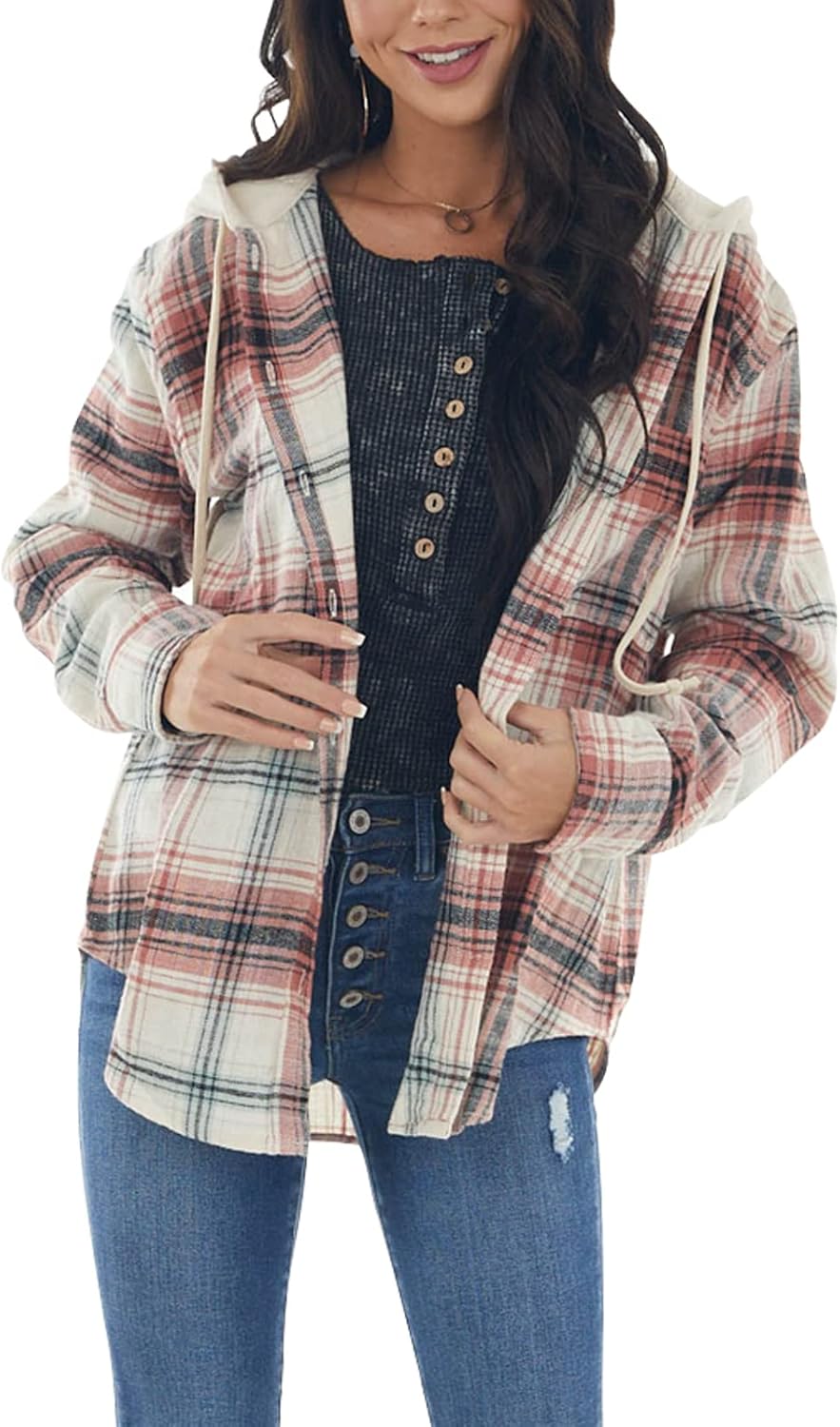 Womens Long Sleeve Plaid Hoodie Jacket Button Down Casual Boyfriend Blouse Shirts Tops Flannel Shirts with Pocket