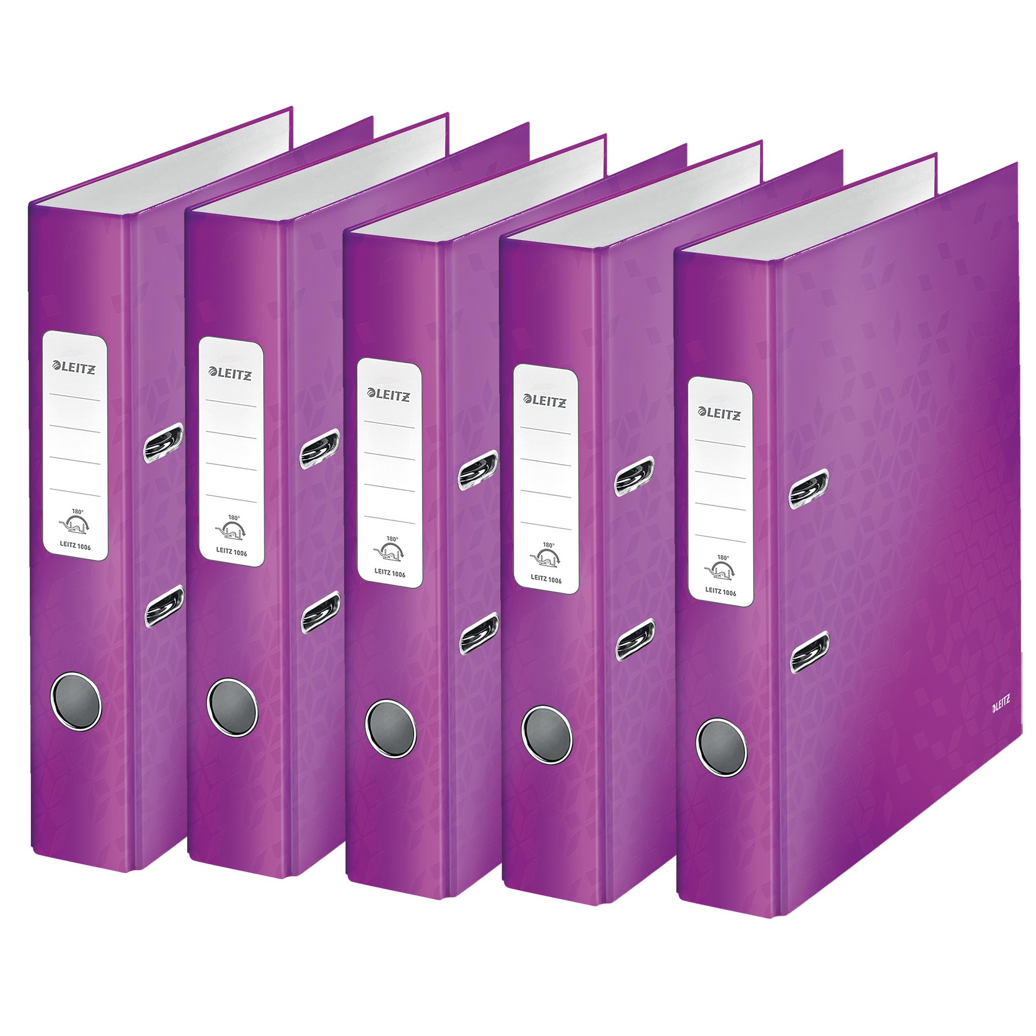 Leitz 10064062 Quality Folders 180° Pack of 5 A4 Narrow 5.2 cm Spine Width Laminated Grey Board Violet Wow Series Design May Vary