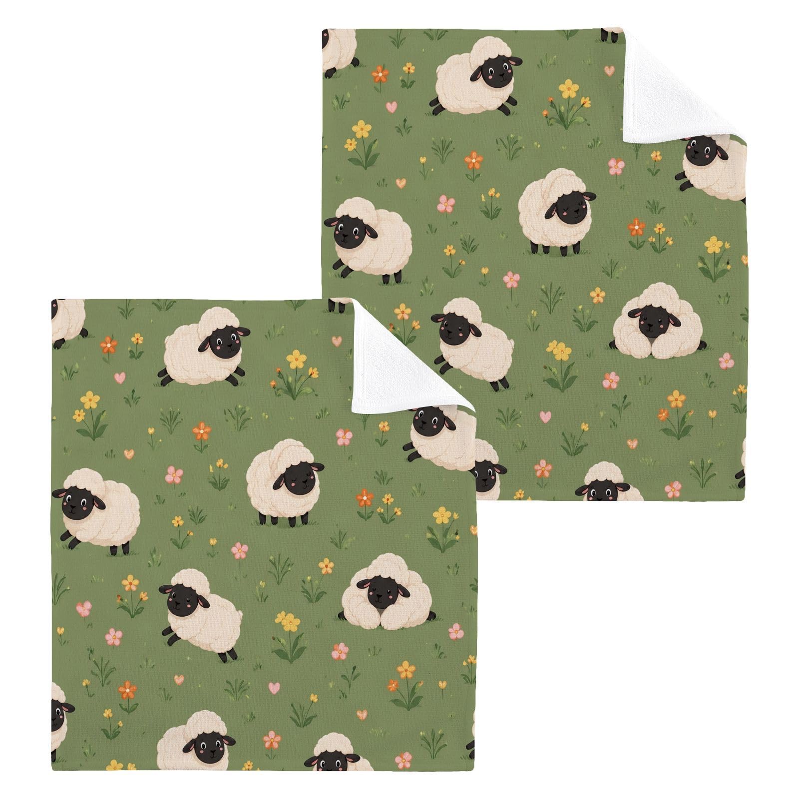 BOESI Meadow Sheep 12x12in Cotton Washcloth,Soft Absorbent Face Towel