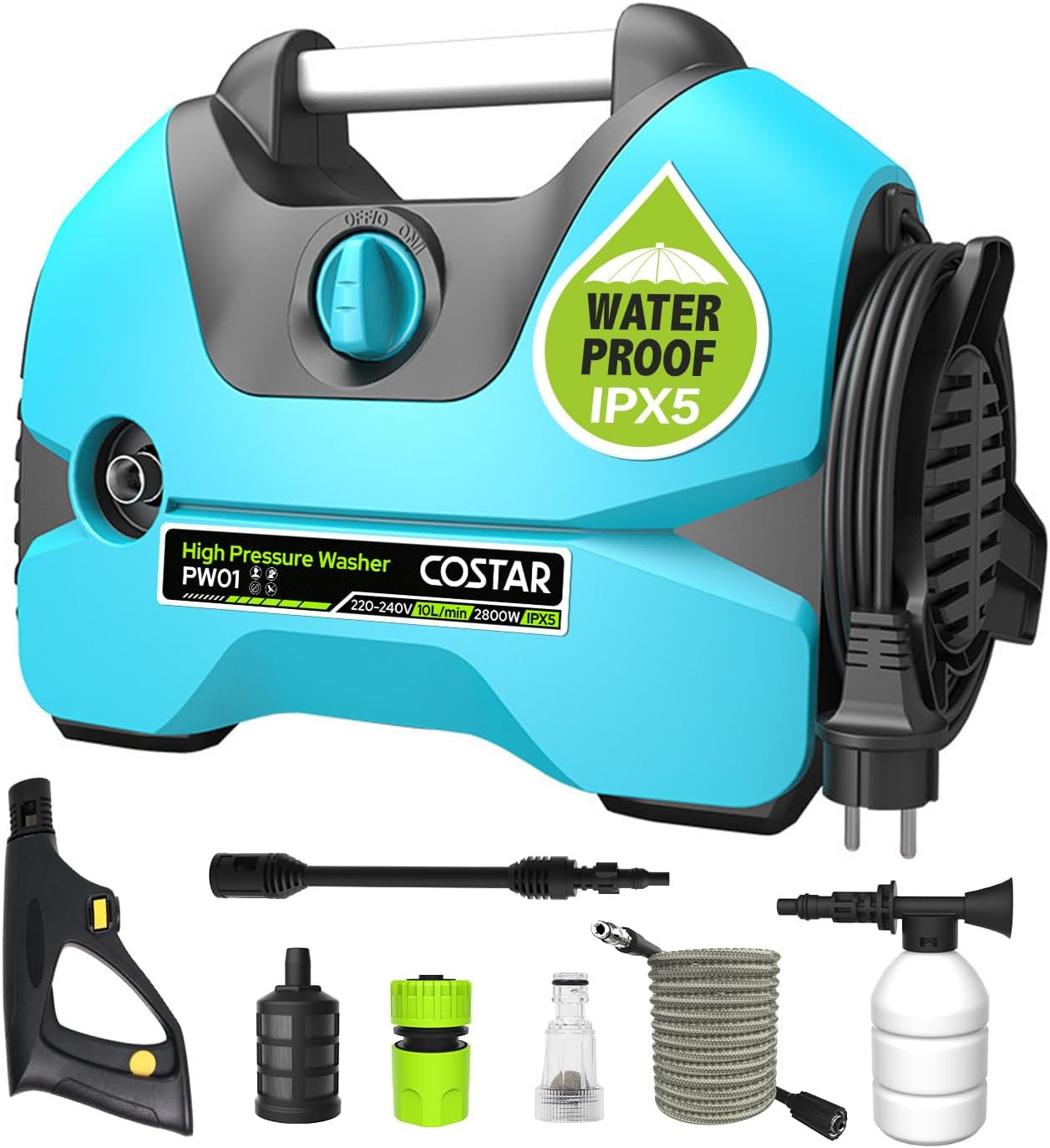 Costar Car Washer High Pressure Pump 2800 Watts | 150 Bars| 10L/Min Flow Rate| 15 Meters Cleaning Range |Portable for Car Bike Home Floor Wall Cleaning (Blue)