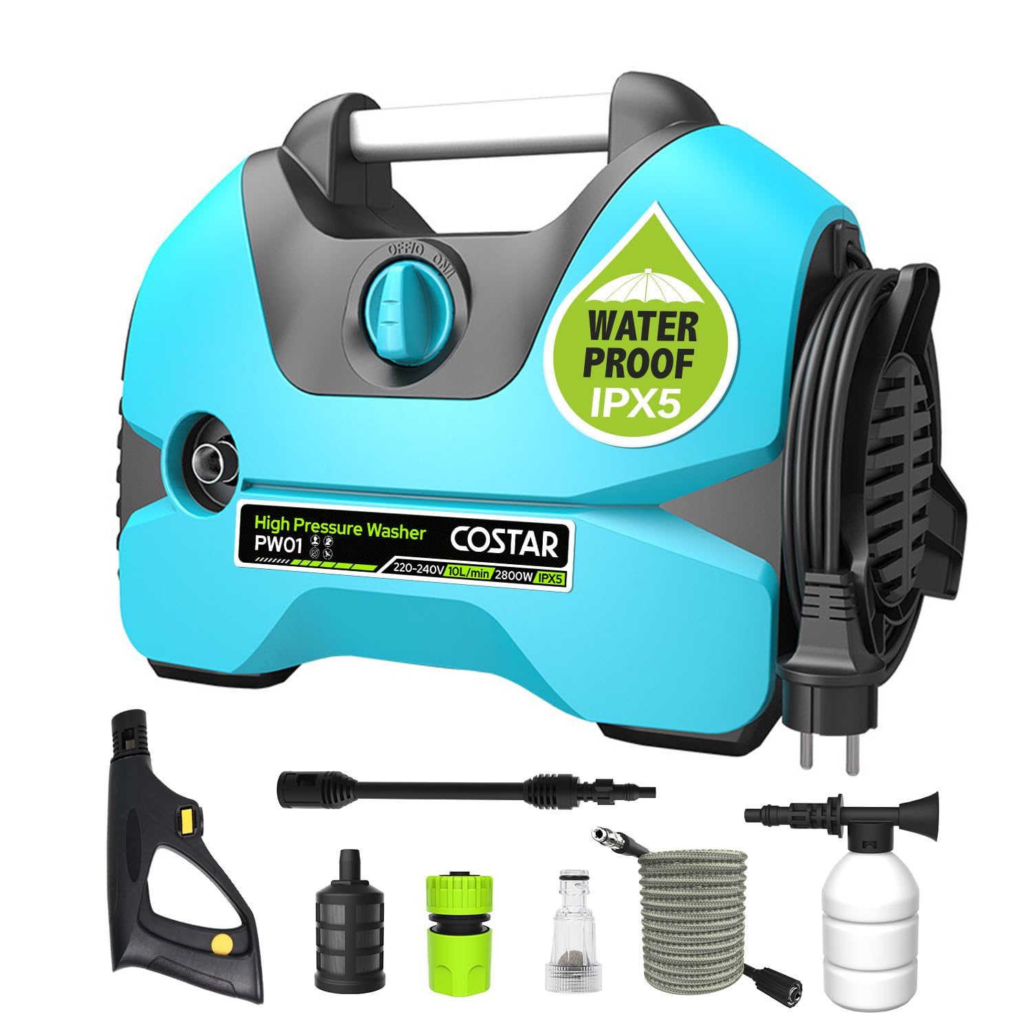 Costar Car Washer High Pressure Pump 2800 Watts | 150 Bars| 10L/Min Flow Rate| 15 Meters Cleaning Range |Portable for Car Bike Home Floor Wall Cleaning (Blue)