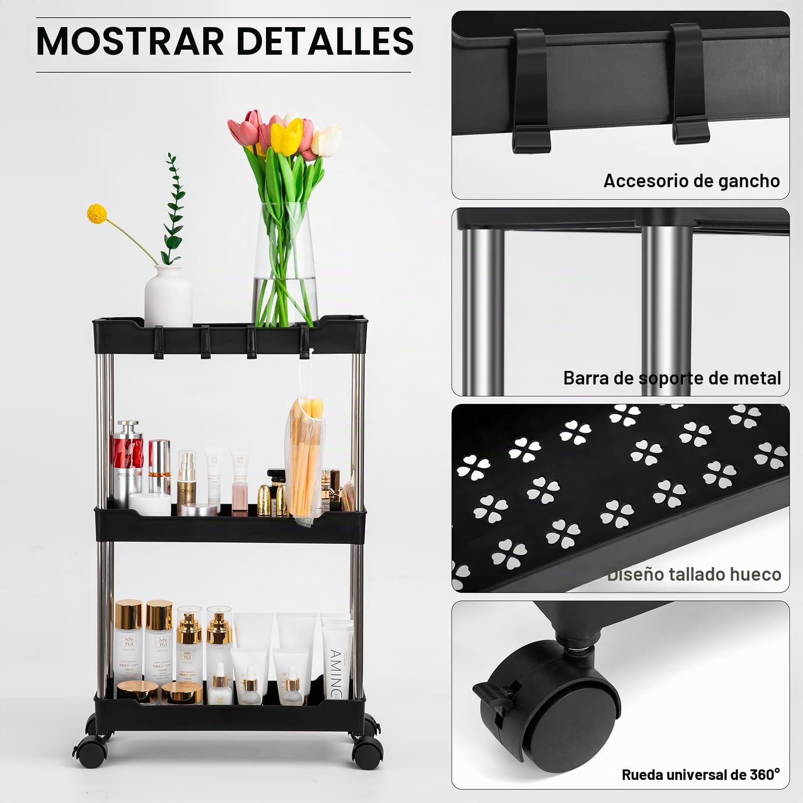Carro De Almacenamiento De 3 Niveles,Carro De Almacenamiento Delgado Carrito Multifunción Carro De Servicio Ruedas Bloqueables para Cocina Dormitorio Baño Lavadero Negro 15 X40 X 61cm