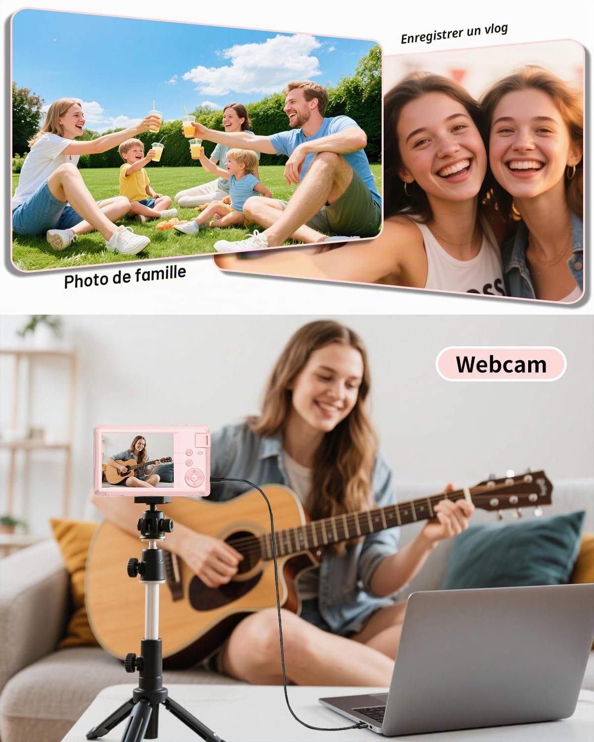 Longyi Appareil Photo numérique 4K 48 MP avec Carte SD 32 Go, Zoom numérique 16x, Appareil Photo Compact avec câble USB, Sac Portable pour Enfants, débutants, Adolescents et étudiants - Rose