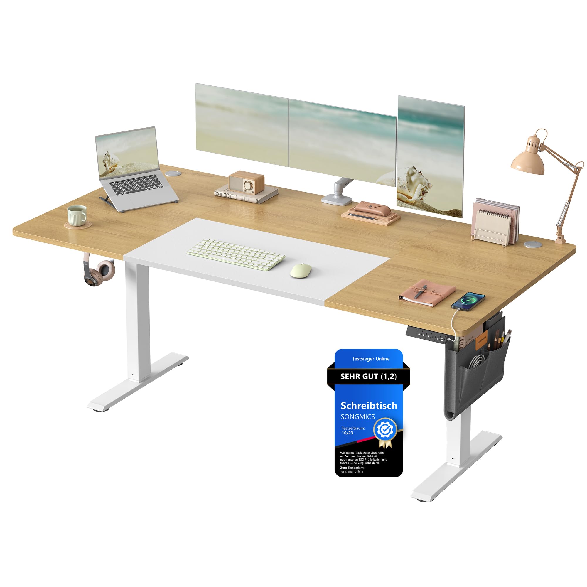 SONGMICS Höhenverstellbarer Schreibtisch elektrisch, 180 x 80 cm, stufenlos verstellbar, Memory-Funktion mit 4 Höhen, USB-C-Anschluss, natureichenfarben-mattweiß LSD028YD02