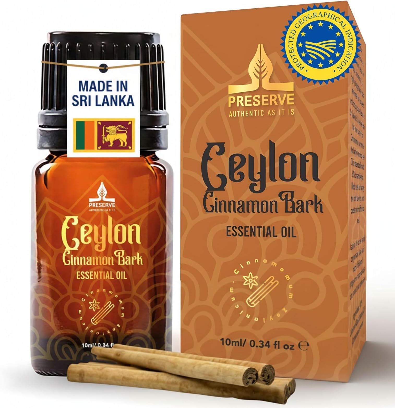 Pure Ceylon Cinnamon Bark Essential Oil, GI Certified G2/76/340, 100% Ceylon True Cinnamon Extract Oil, Undiluted Therapeutic Grade for Diffuser, Food Grade, 10ml (0.34oz)