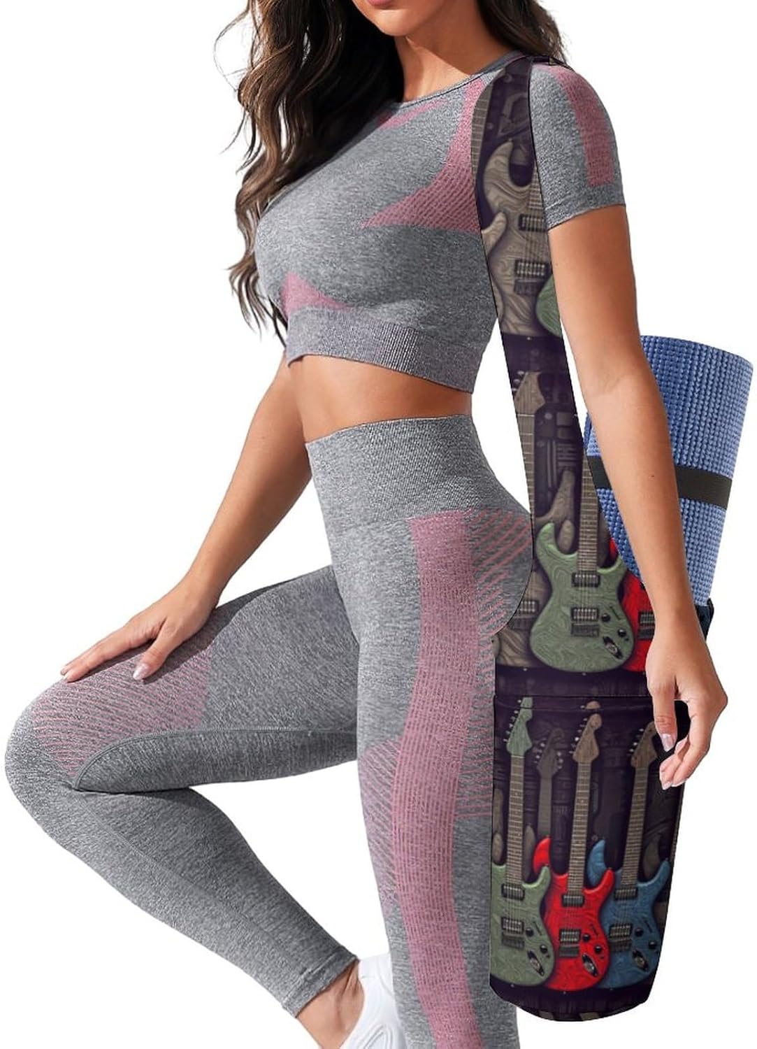 Canvas Yoga Bag,Guitar Pattern Printed Yoga Mat Handbag,Portable Yoga Mat Bag Large Capacity Gym Bag for Men Women Pilates Beach Travel