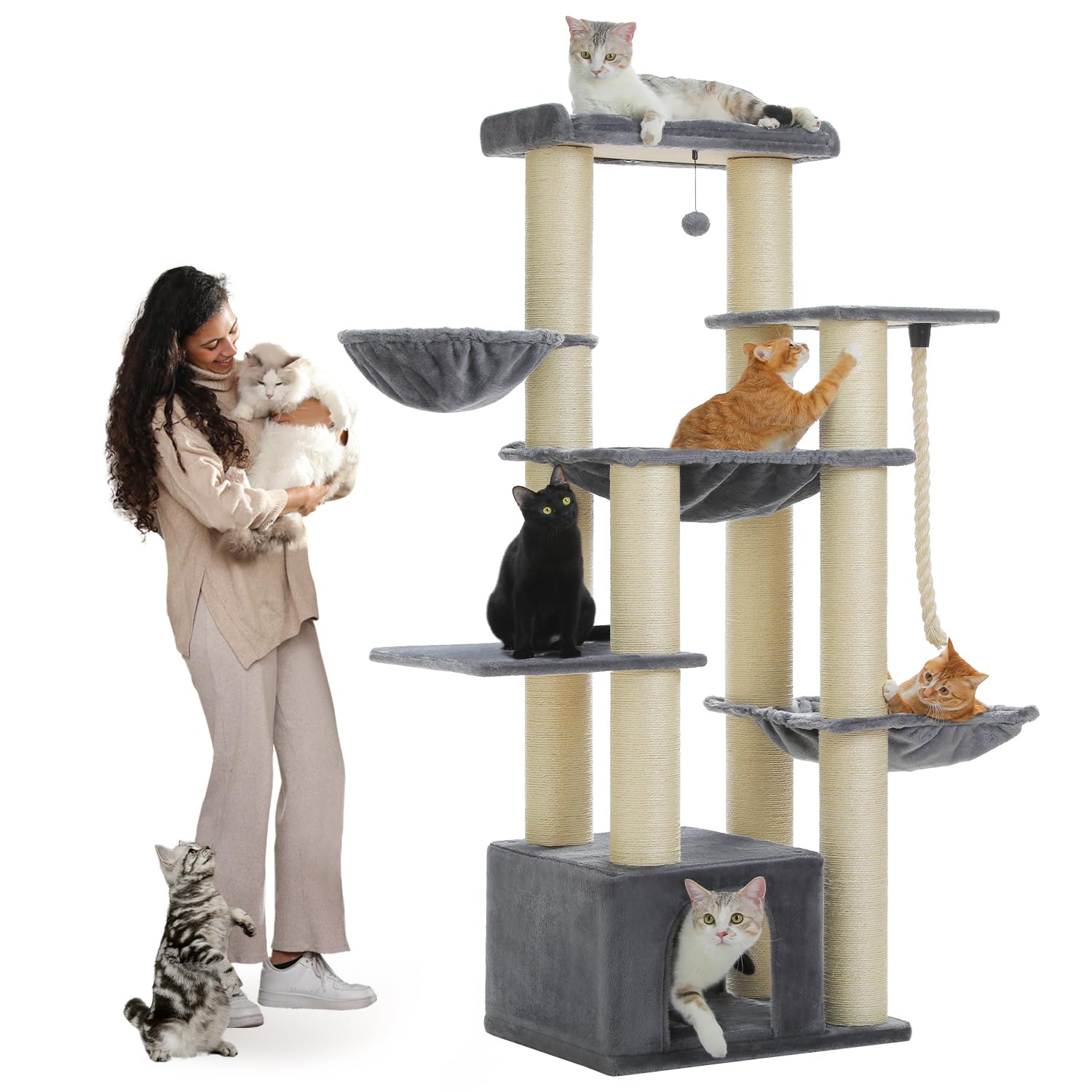 PAWZ Road Tiragraffi per gatti di grandi dimensioni, stabile con più livelli, amaca, 13 pali in sisalp (φ11 cm), grande sella, grotta, cestini, albero tiragraffi XXL, 170 cm, grigio