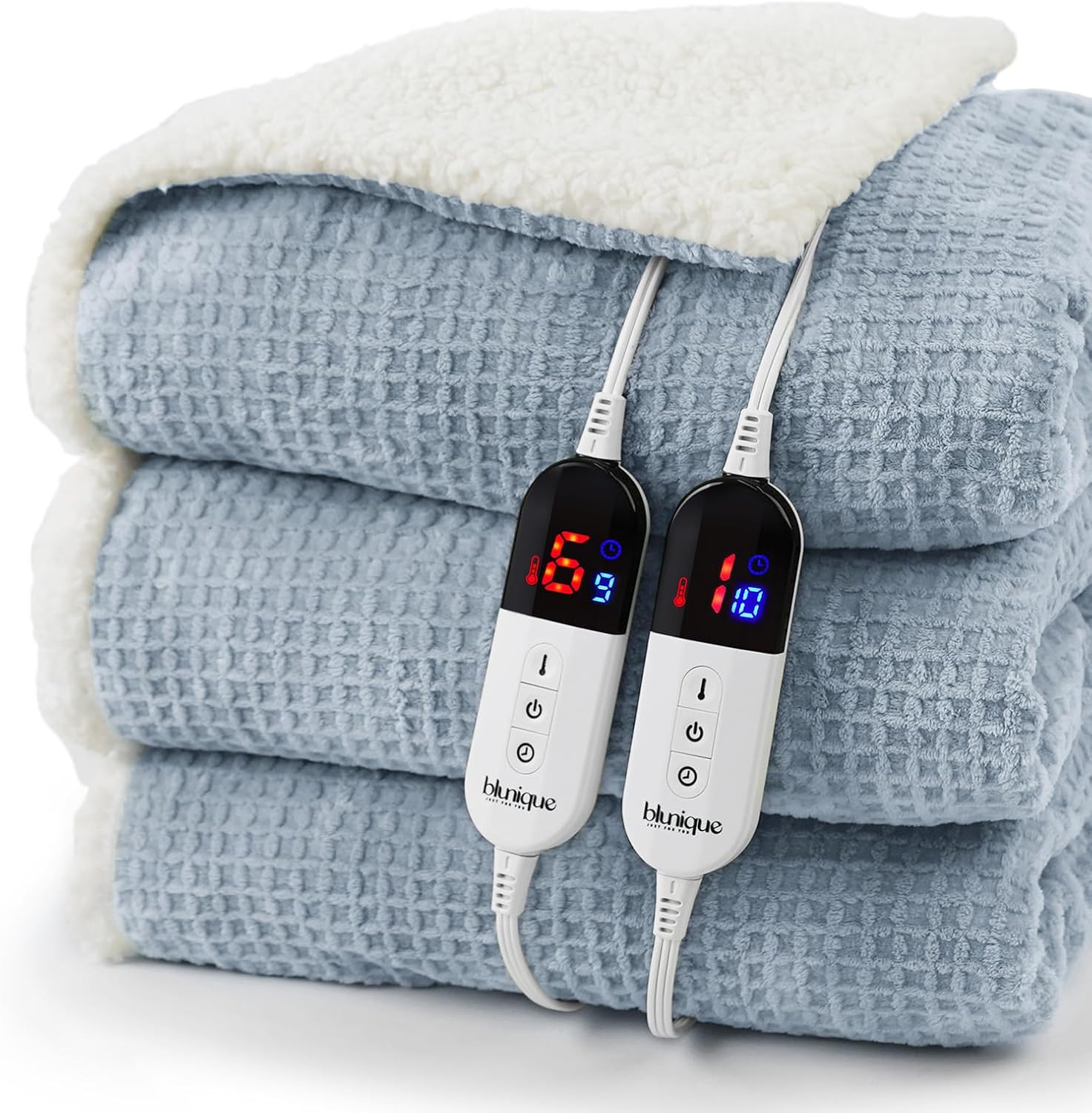 Heated Blanket Electric Blanket King Waffle, 90x100 Inches Dual Controllers Sherpa Fleece Fast Heating Blanket 6 Heating Levels & 10 Hours Auto Off ETL Certification, Haze Blue King Haze Blue King 90" x 100"