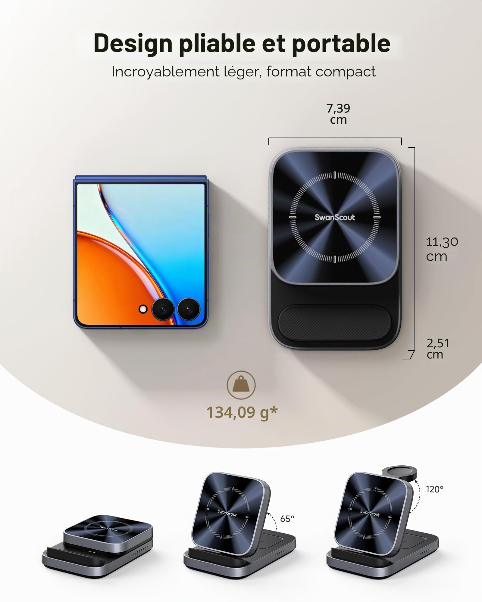 3-en-1 Chargeur Induction pour Samsung Z Flip 8/7/Galaxy Watch 8/Ultra/7/6 | Station de Charge pour Z Flip 6/5/Moto Razr 70/60, Chargeur sans Fil pour Galaxy Watch, Pliable pour Voyage, Sans Adaptateur