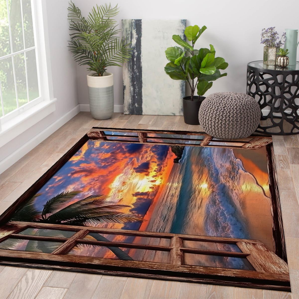 Dywan na okno 80 x 150 cm tropikalna plaża z rustykalną drewnianą ramą