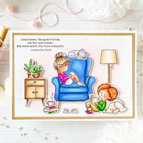 Miniatura 3 de Juego de sellos y troqueles para niña con un libro en el sofá para hacer tarjetas, sellos transparentes y troqueles de corte de metal para álbumes