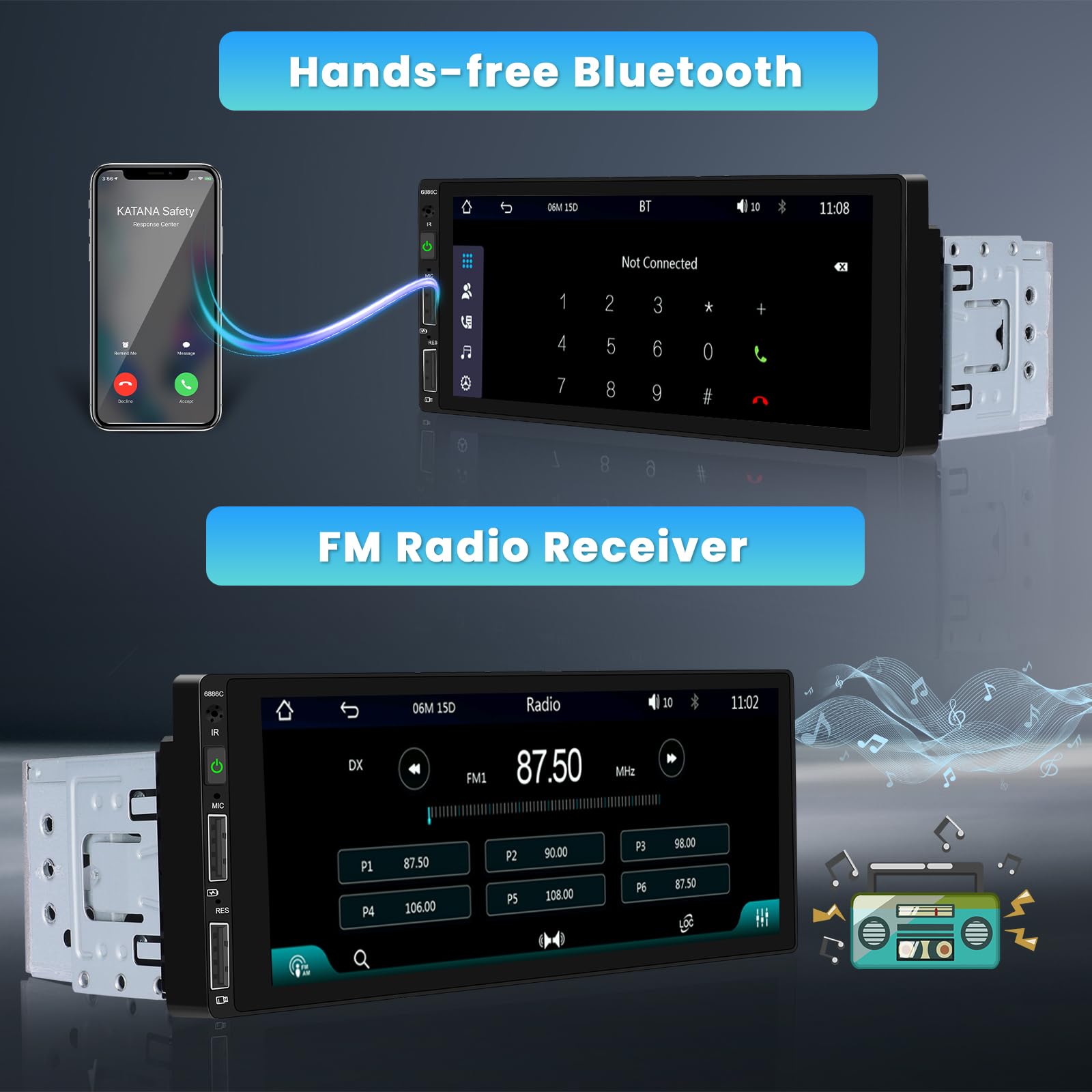 Inefala Wireless Carplay Radio Coche Bluetooth Pantalla 1 DIN con Android Auto inalámbrico, 6,9" Pantalla Táctil Autoradio Bluetooth con Mirror Link FM USB Type-C Mic SWC Cámara Trasera — view 6