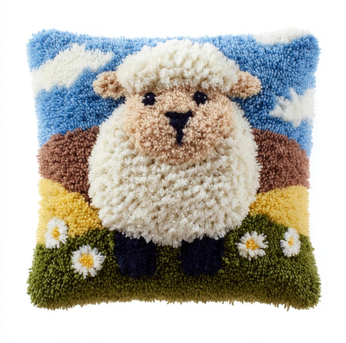 Kitquiver Animal DIY Craft Latch Hook Rug Kits Cartoon Sheep Latch Hook Kit for Adults Beginners Embroidery Crochet Set DIY Throw Pillow Covers Kits 17x17In