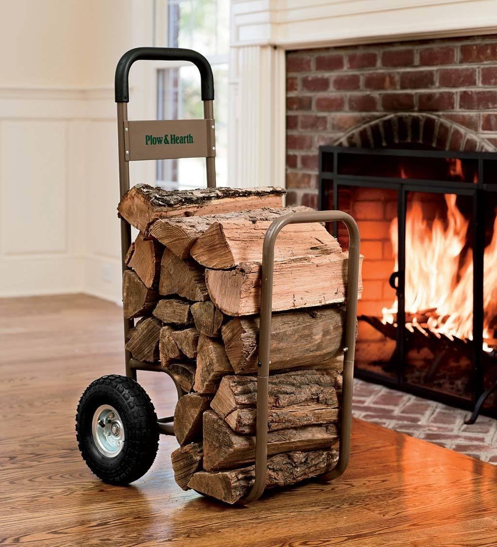 Plow & Hearth Indoor Outdoor Rolling Firewood Log Cart| Wood Rack and Carrier with Pneumatic Wheels| Heavy-Duty| Rolls Up and Down Stairs| All-Terrain| 20 W x 22 D x 42 H