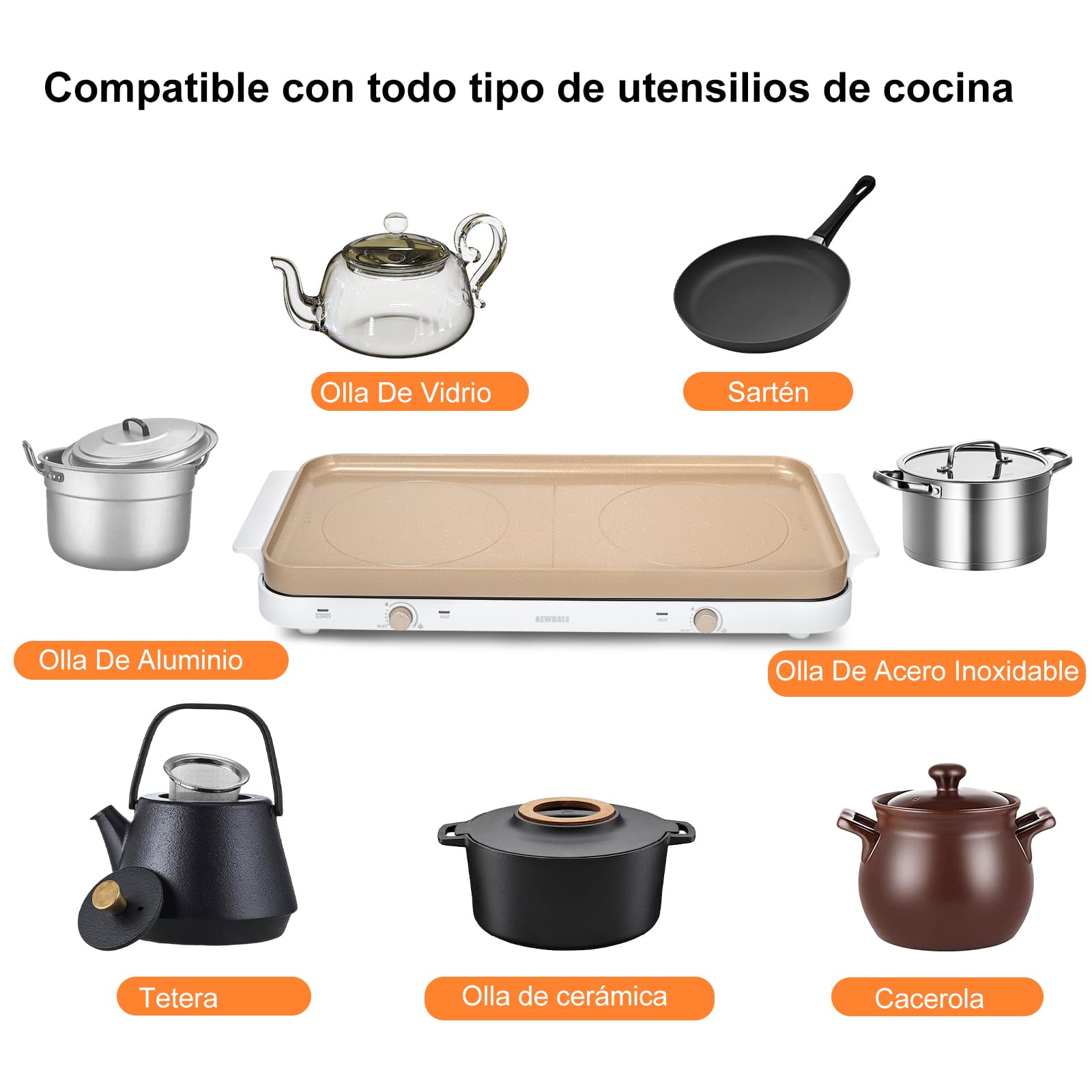 AEWHALE Cocina Eléctrica Portátil doble 2000 W,15.24 Cm de Diámetro, con Una Placa de Cerámica Antiadherente Extraíble y 5 Niveles de Regulación de Temperatura