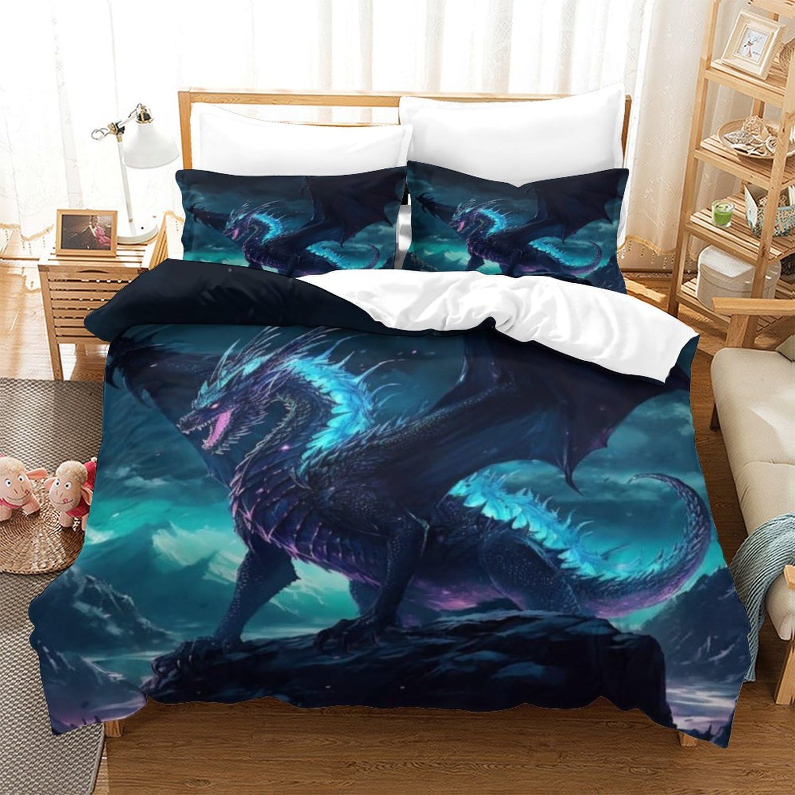 TNFHSOFT Flying Dragon 3d Print Duvet Cover Bedding Set Kids Teens Comforter Cover Set Soft Microfiber Cool Animals Quilt Cover with Zipper Closurewith with Pillwocase Single（140x200cm）