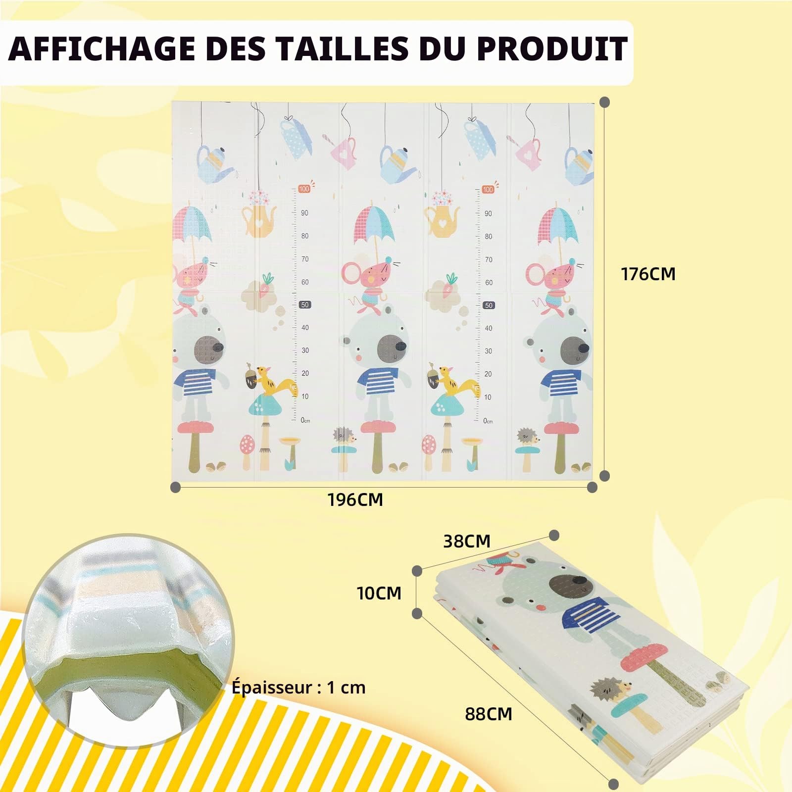 CCLIFE Tapis de Jeux Bebe Pliable Reversible Tapis éveil Bébé 196x176x1cm Impermeable Tapis Enfant Ramper,Color:Souris et poisson