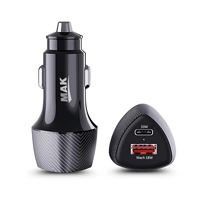 MMAK Dual Port 51W Car Charger with 33W USB C PD and 18W QC 3.0 Fast Charging Compact Mobile Car Charger Compatible with iPhone, Android and Tablets Black